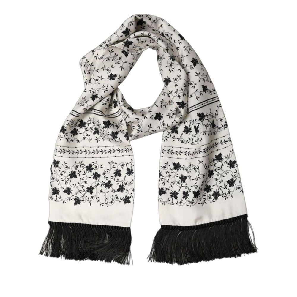 Dolce & Gabbana White Floral Silk Fringed Neck Shawl Men's Scarf
